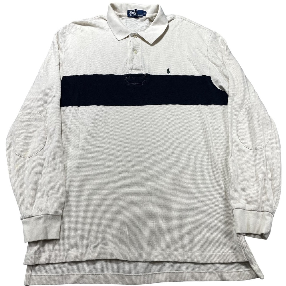 Polo By Ralph Lauren Polo Shirt Mens XL White Navy Stripe Rugby Long Sleeve